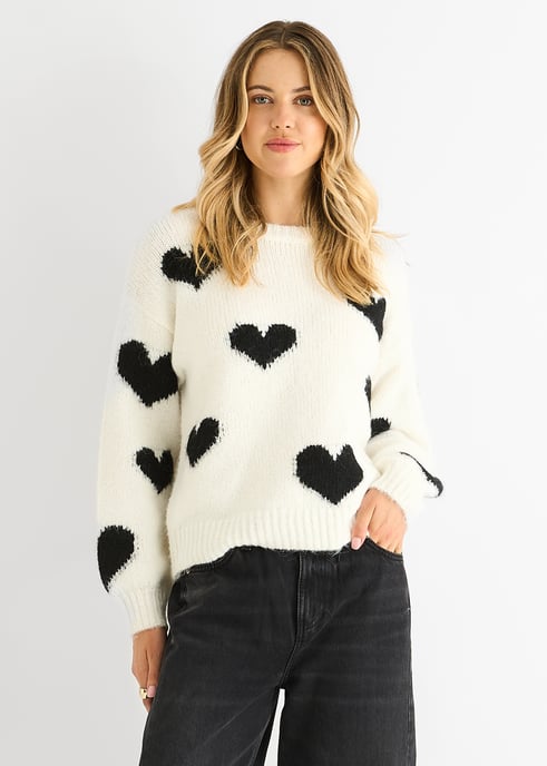 Cremefarbener Kontrast-Herz-Übergroßer Strickpullover - Image 1