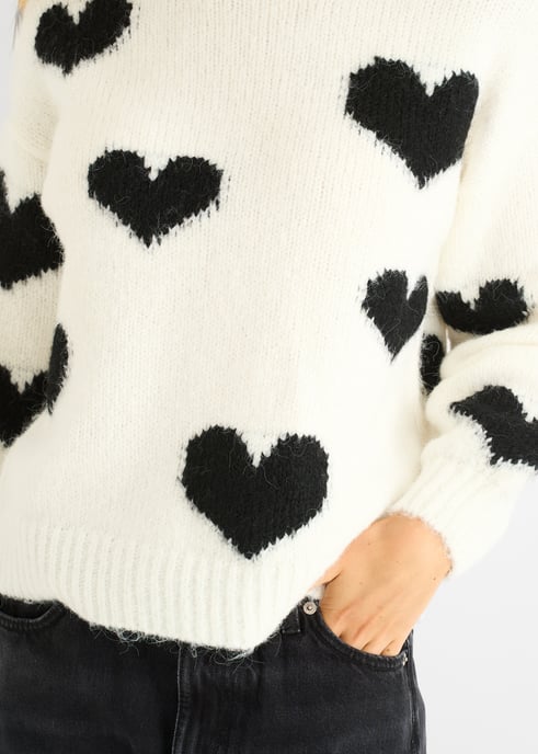 Cremefarbener Kontrast-Herz-Übergroßer Strickpullover - Image 2