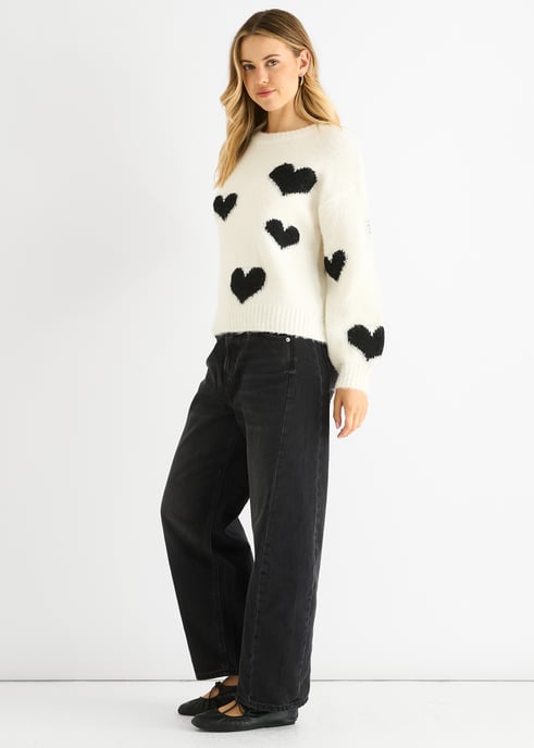 Cremefarbener Kontrast-Herz-Übergroßer Strickpullover - Image 3