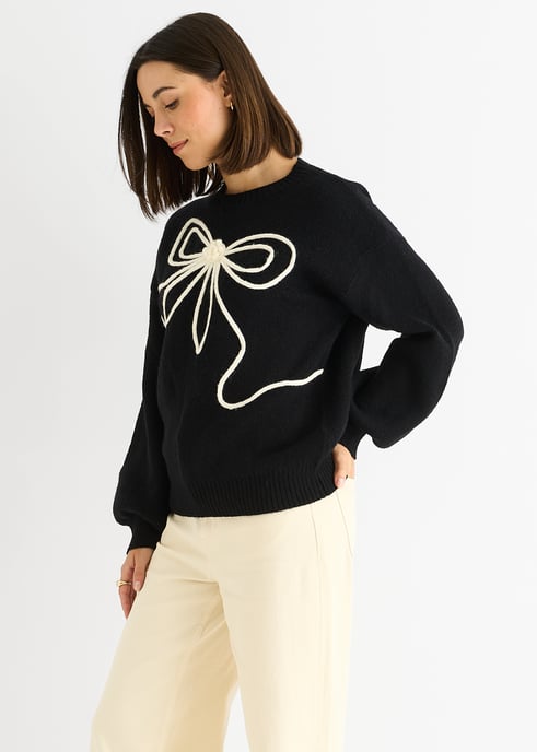 Schwarzer Pullover mit Kontrastschleifenmuster in Übergröße - Image 3