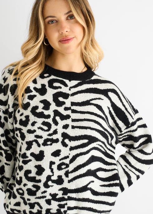 Schwarzer Kontrast-Zebra-Umhangstrickpullover - Image 2