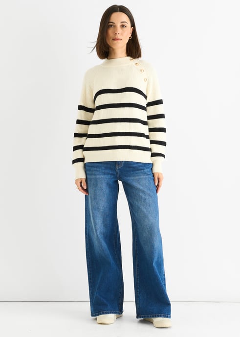 Cremefarbener, gestreifter, übergroßer Pullover mit Knöpfen und Zopfmuster - Image 1