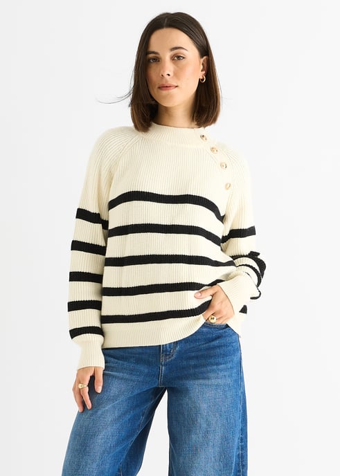 Cremefarbener, gestreifter, übergroßer Pullover mit Knöpfen und Zopfmuster - Image 2