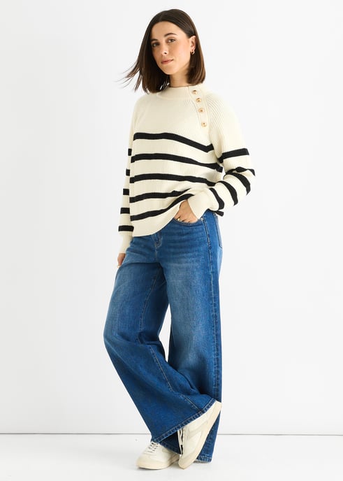 Cremefarbener, gestreifter, übergroßer Pullover mit Knöpfen und Zopfmuster - Image 3