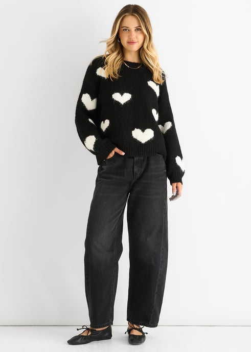 Schwarzer Kontrastherz Übergroßer Strickpullover - Image 1