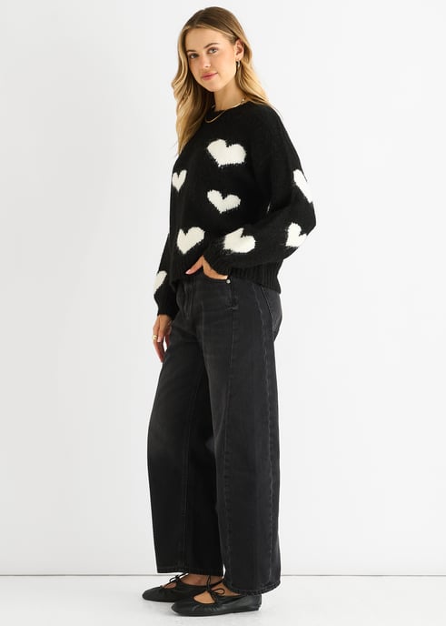 Schwarzer Kontrastherz Übergroßer Strickpullover - Image 3