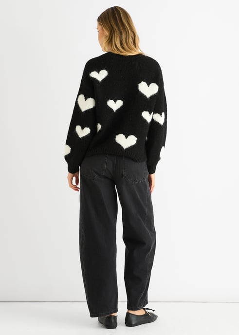 Schwarzer Kontrastherz Übergroßer Strickpullover - Image 4