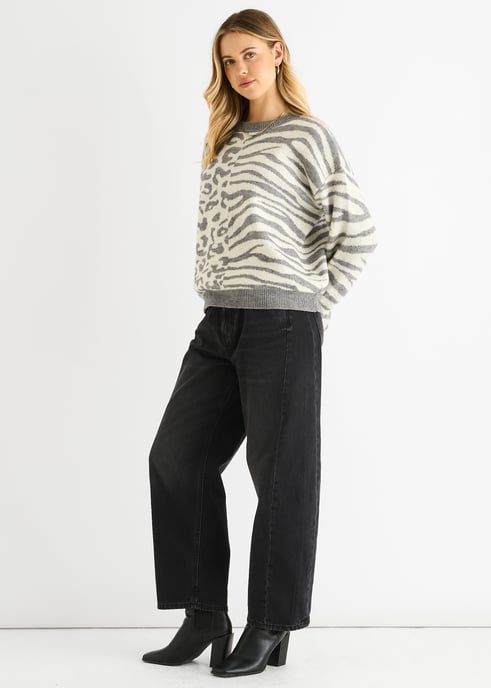 Grau Kontrast Zebra Tier Strickpullover - Image 3