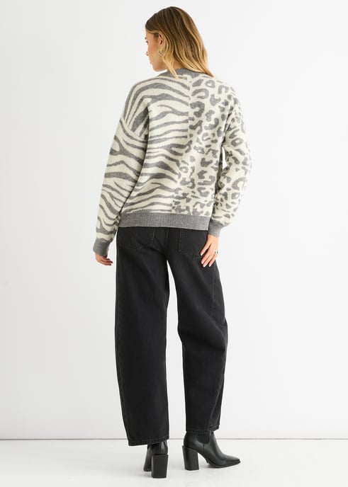 Grau Kontrast Zebra Tier Strickpullover - Image 4