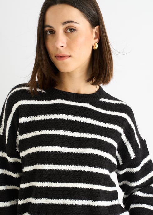 Schwarzer Grobstrick-Pullover in Übergröße mit Streifen - Image 1