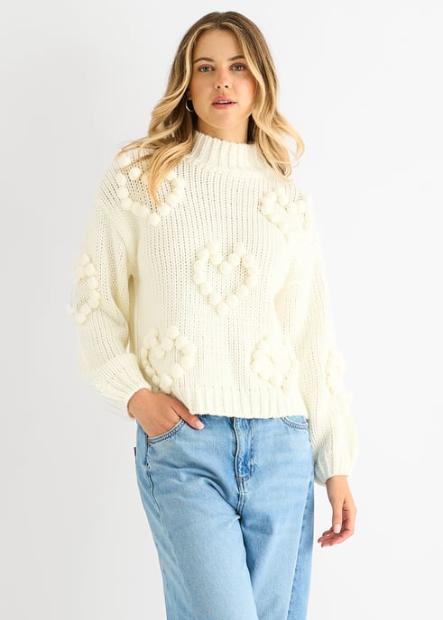 Creme Herz Blase klobig stricken hohen Hals Pullover - Image 1