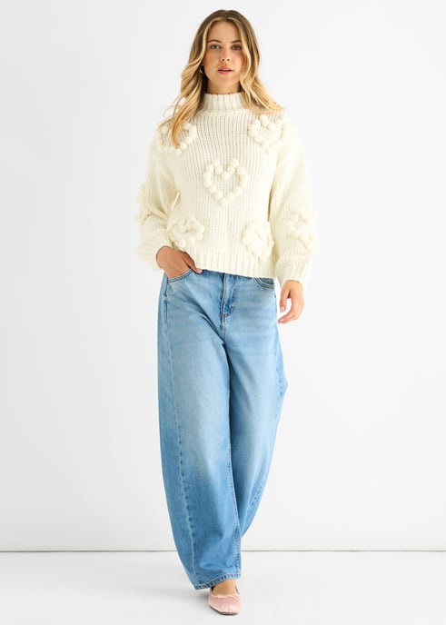 Creme Herz Blase klobig stricken hohen Hals Pullover - Image 2