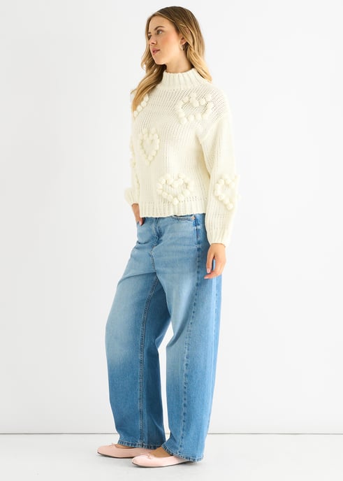 Creme Herz Blase klobig stricken hohen Hals Pullover - Image 3