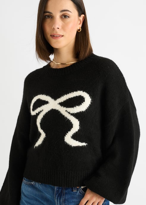 Schwarzer Kurzstrickpullover mit geprägter Kontrastschleife - Image 2