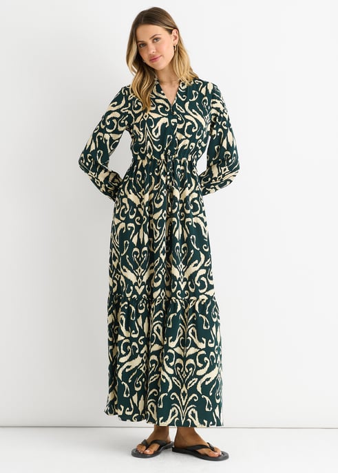 Grünes Ikat-Print Maxikleid mit gebundener Taille - Image 1