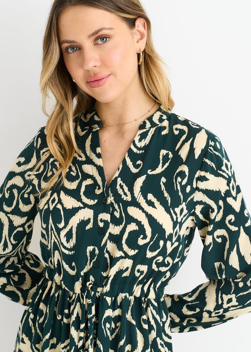 Grünes Ikat-Print Maxikleid mit gebundener Taille - Image 2