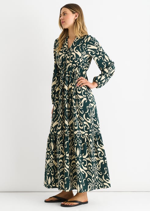 Grünes Ikat-Print Maxikleid mit gebundener Taille - Image 3