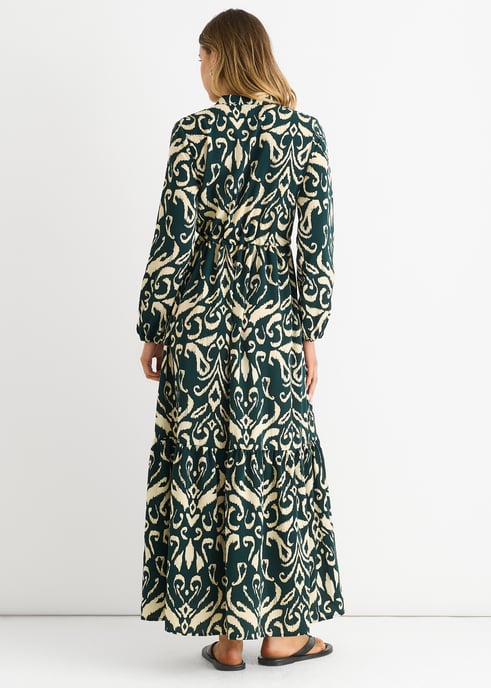 Grünes Ikat-Print Maxikleid mit gebundener Taille - Image 4