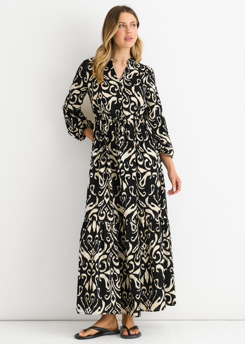 Schwarzes Ikat-Print Maxikleid mit gebundener Taille - Image 1