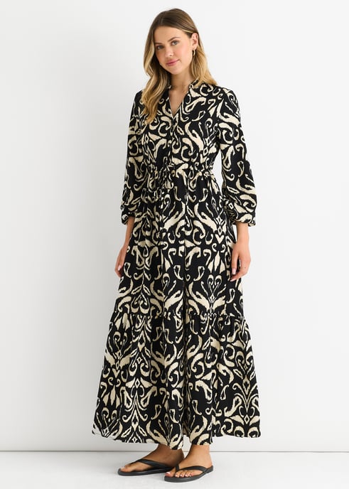 Schwarzes Ikat-Print Maxikleid mit gebundener Taille - Image 3