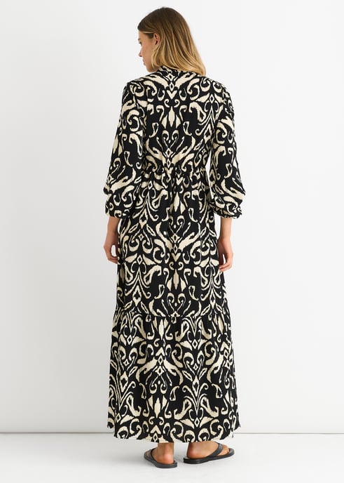 Schwarzes Ikat-Print Maxikleid mit gebundener Taille - Image 4