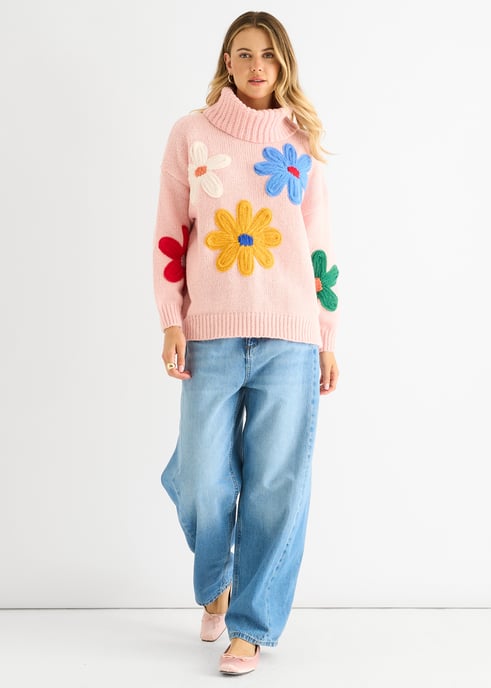 Rosa Pullover mit Blumenapplikationen in Übergröße - Image 1