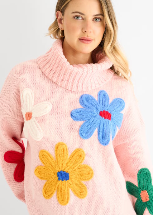 Rosa Pullover mit Blumenapplikationen in Übergröße - Image 2
