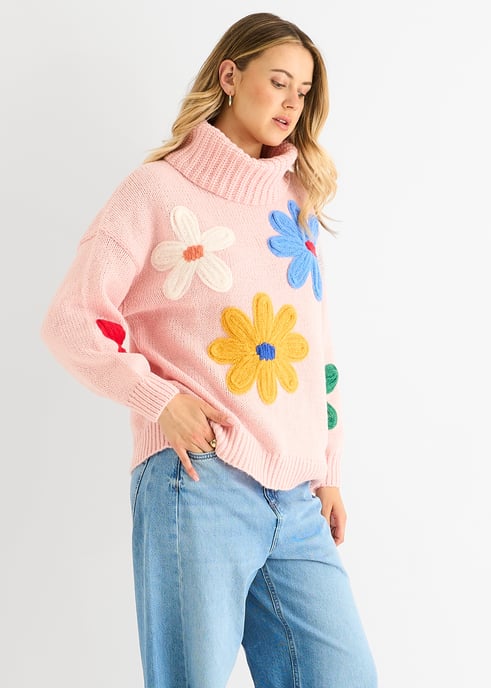 Rosa Pullover mit Blumenapplikationen in Übergröße - Image 3