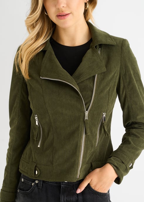 Khaki Cord Biker Zip Up Jacke - Image 2