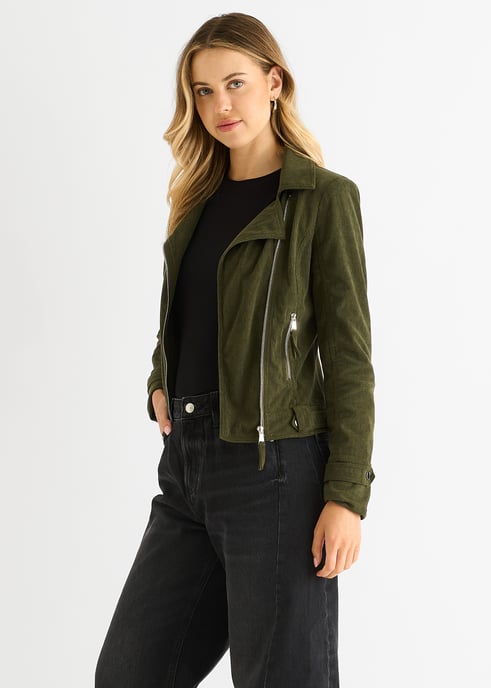 Khaki Cord Biker Zip Up Jacke - Image 3