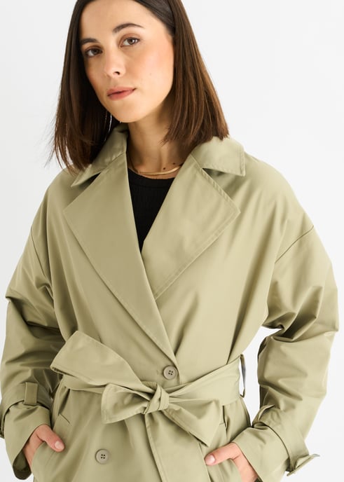 Salbeigrüner doppelreihiger Langarm-Trenchcoat mit Gürtel - Image 2