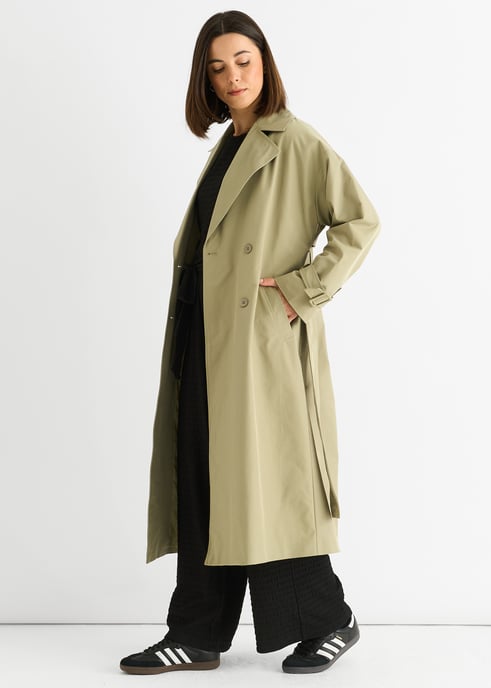 Salbeigrüner doppelreihiger Langarm-Trenchcoat mit Gürtel - Image 3