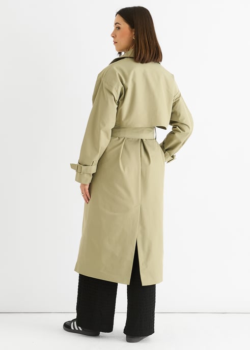 Salbeigrüner doppelreihiger Langarm-Trenchcoat mit Gürtel - Image 4