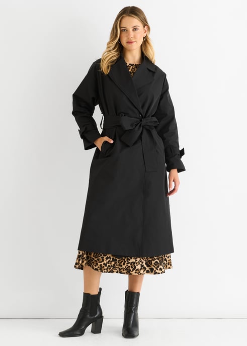 Schwarzer doppelreihiger Langarm-Trenchcoat mit Gürtel - Image 1