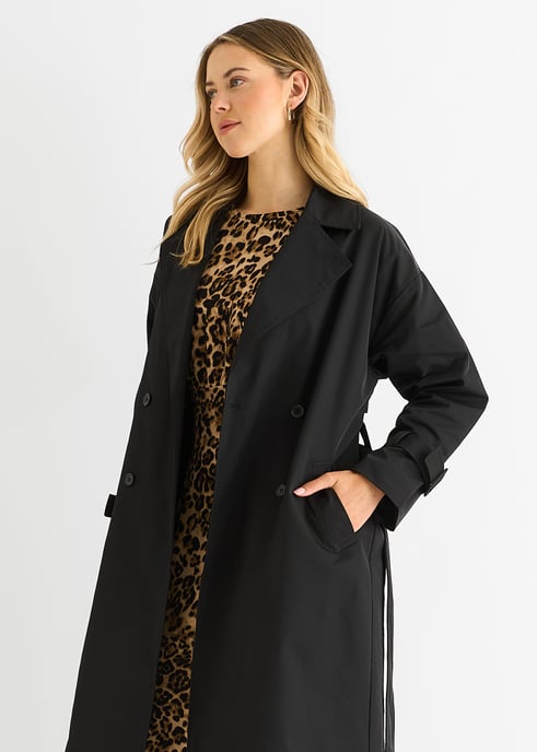 Schwarzer doppelreihiger Langarm-Trenchcoat mit Gürtel - Image 3