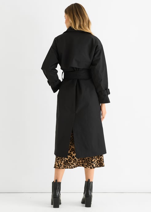 Schwarzer doppelreihiger Langarm-Trenchcoat mit Gürtel - Image 4