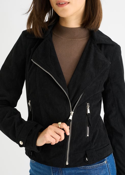 Schwarze Cord Biker Zip Up Jacke - Image 2
