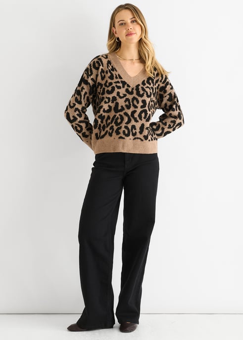 Kamel-Tier V-Ausschnitt kurzer Strickpullover - Image 1