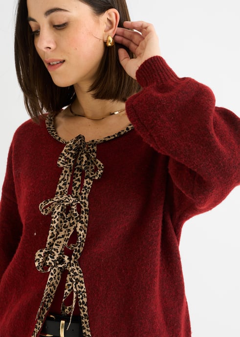 Burgunderfarbener Kontrast-Tier-Muster Übergroßer Strickcardigan - Image 2