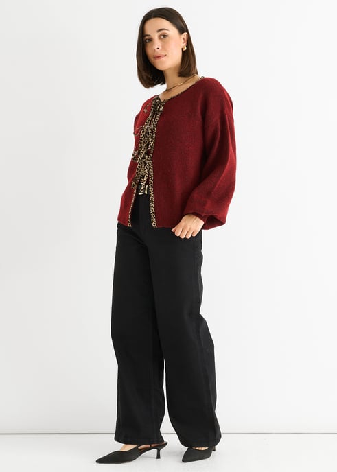 Burgunderfarbener Kontrast-Tier-Muster Übergroßer Strickcardigan - Image 3
