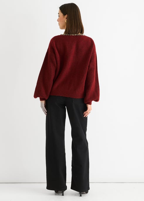 Burgunderfarbener Kontrast-Tier-Muster Übergroßer Strickcardigan - Image 4