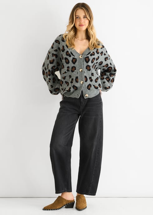 Graue kurze Strickjacke mit Tiermuster - Image 1
