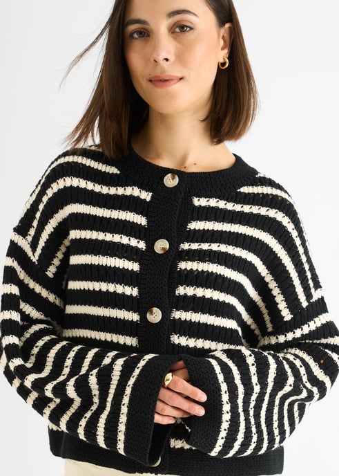Schwarz gestreifter Strickcardigan mit Zopfmuster - Image 2