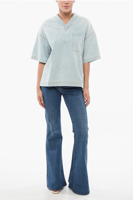 Leicht gewaschene Jeansbluse mit Brusttasche in Hellblau - Image 4