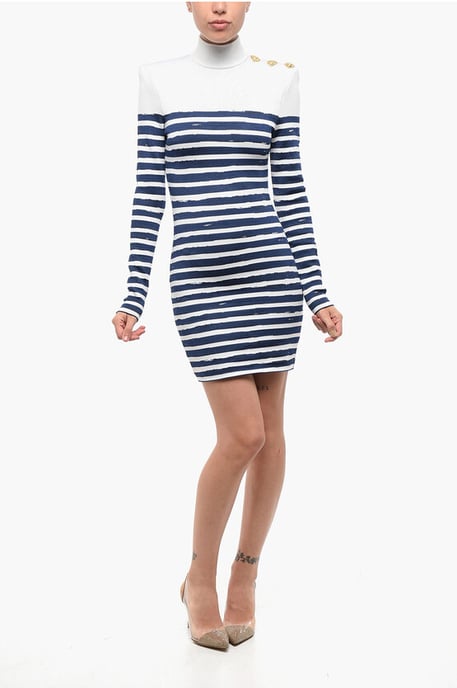 Zweifarbig gestreiftes, figurbetontes Minikleid mit goldenen Herzen in Weiß, Blau - Image 1