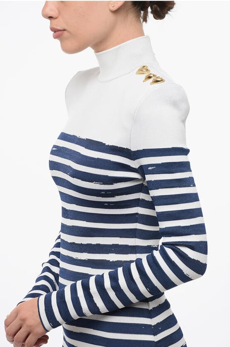 Zweifarbig gestreiftes, figurbetontes Minikleid mit goldenen Herzen in Weiß, Blau - Image 3