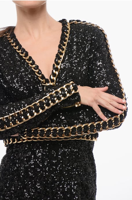 Langärmliges Pailletten-Minikleid mit goldener Kette in Schwarz - Image 3
