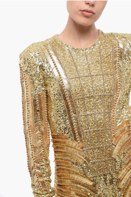 Golden Effect Minikleid mit Pailletten und Perlen in Gold - Image 3