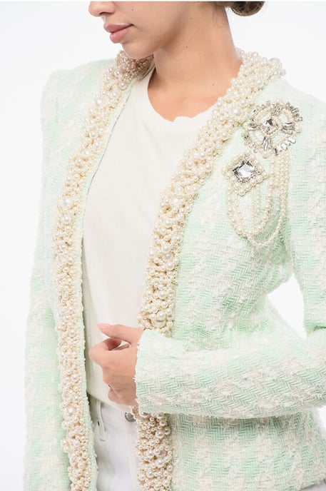 Tweed SIDE TO SIDE Blazer mit Zierperlen in Hellblau - Image 3
