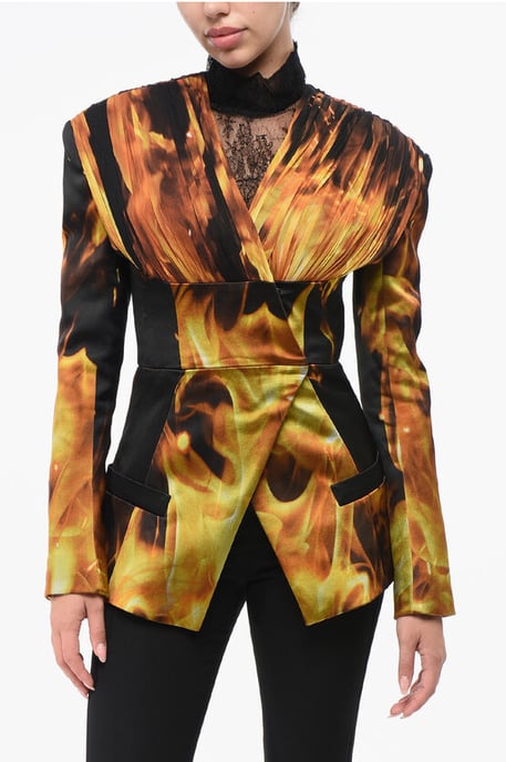 Bedruckter FIRE-Blazer ohne Kragen aus Satin in Orange - Image 1